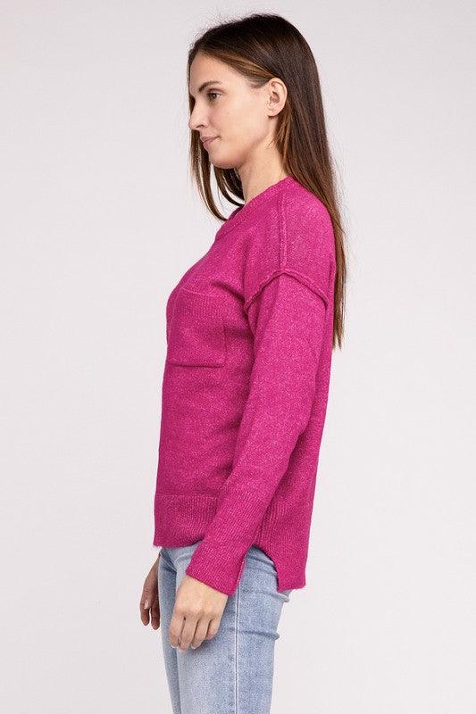 Melange Hi-Low Hem Round Neck Sweater - Sweater