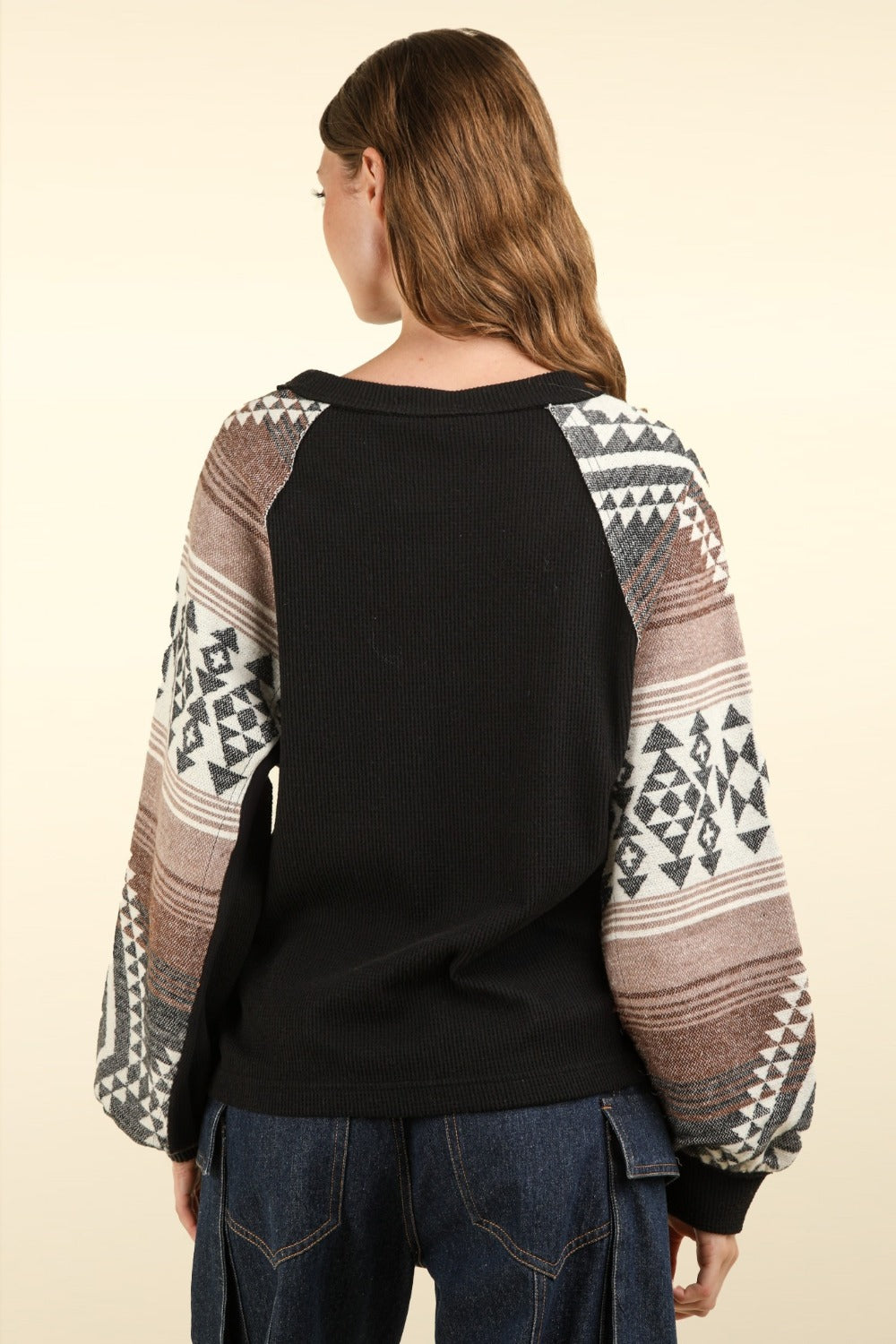 VERY J Aztec Long Sleeve Round Neck Knit Top