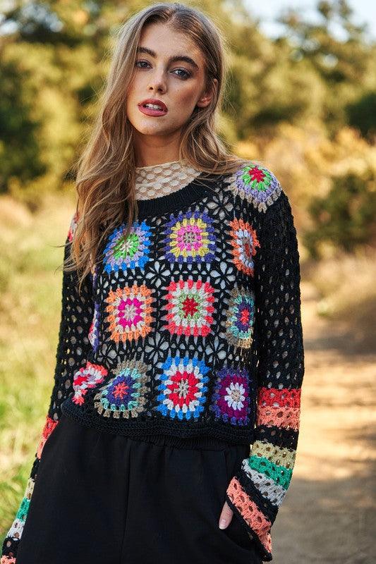 Floral Crochet Striped Sleeve Cropped Knit Sweater - Sweater