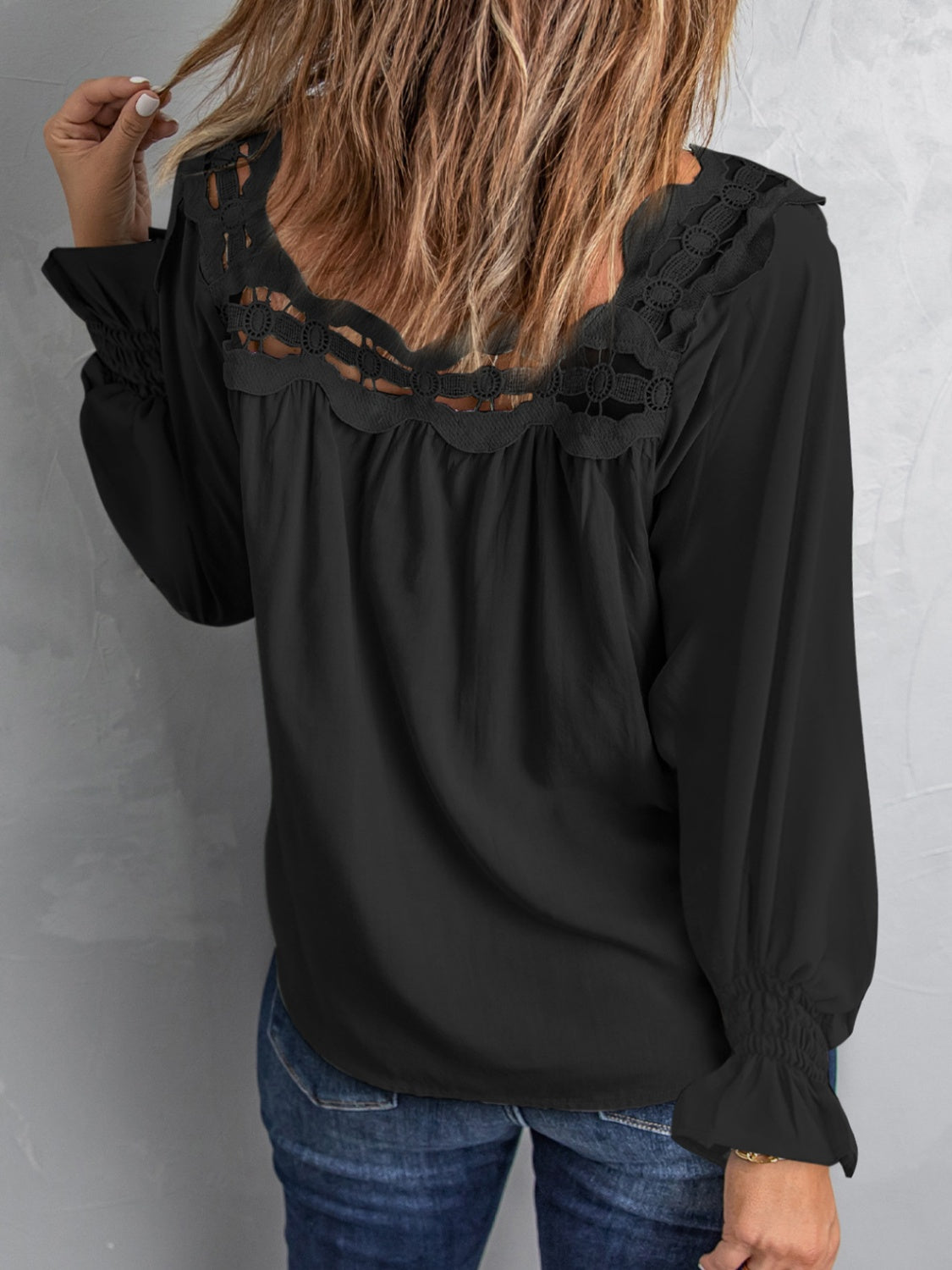 Cutout Square Neck Long Sleeve Lace Blouse