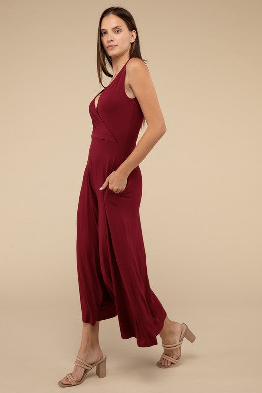 Zenana Surplice Neckline Sleeveless Jumpsuit