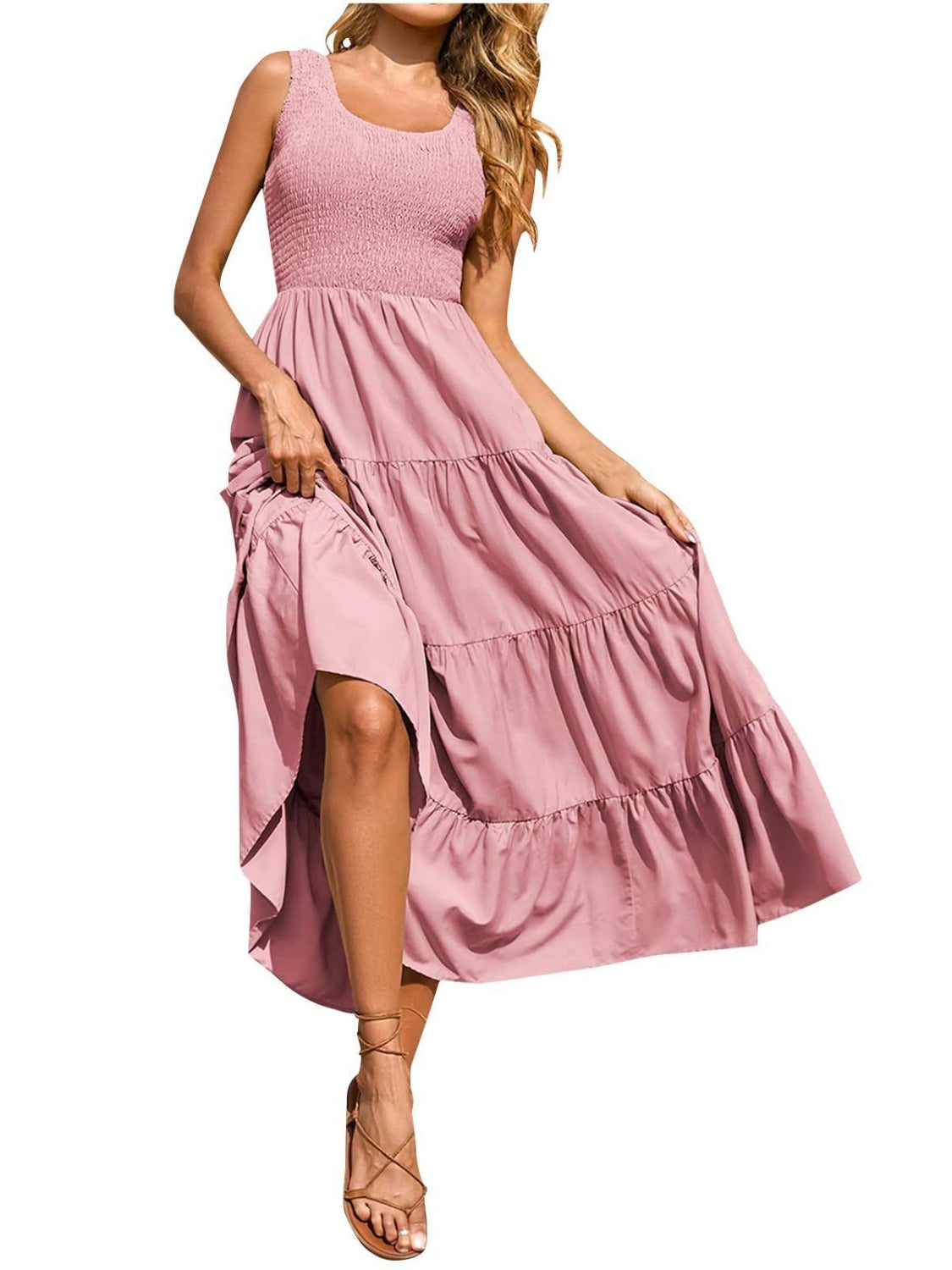 Tiered Smocked Wide Strap Midi Dress