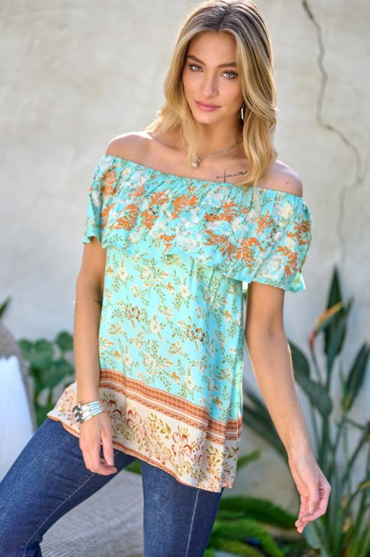 Printed Off Shoulder Smocked Top - Top