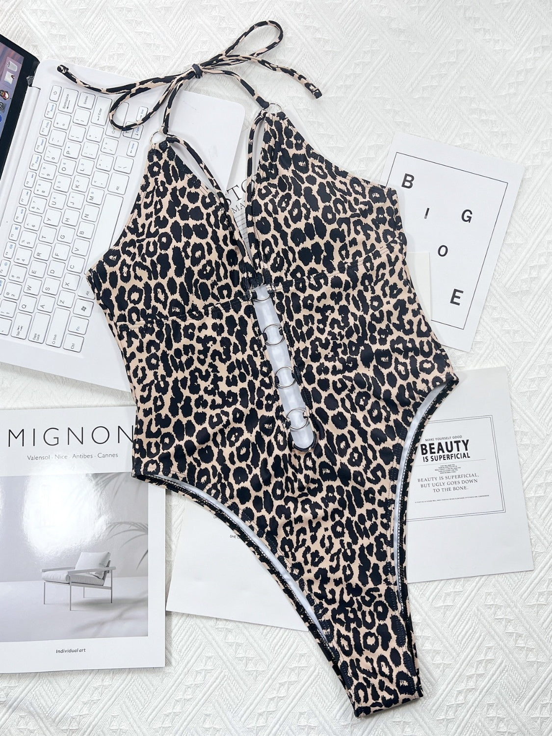 Leopard Cutout Halter Neck One-Piece Swimsuit