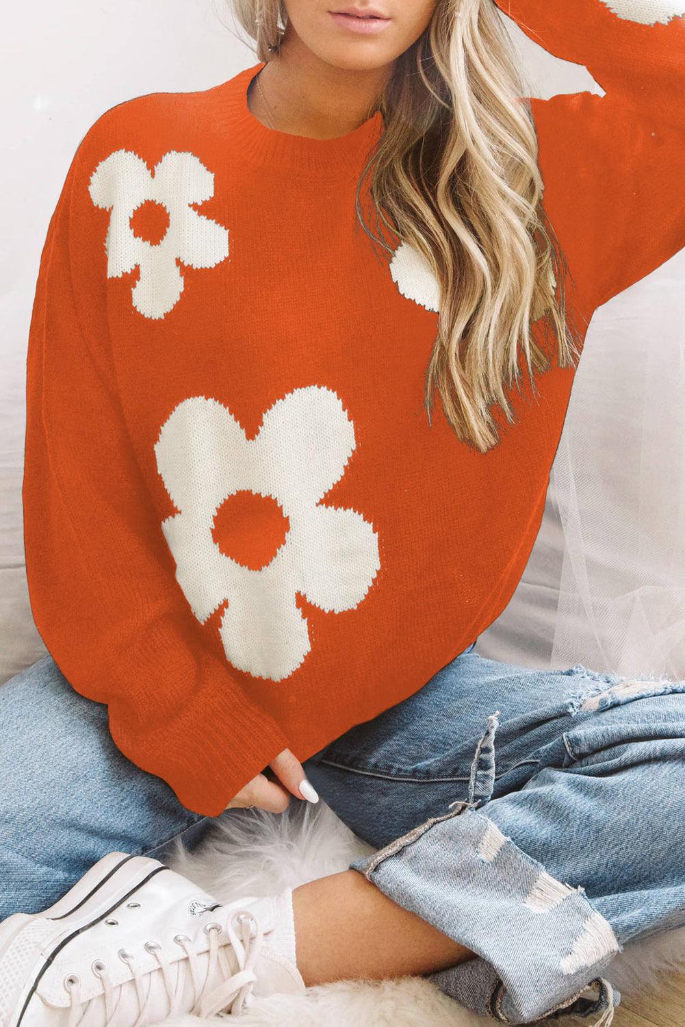 Round Neck Floral Pattern Sweater - Sweater