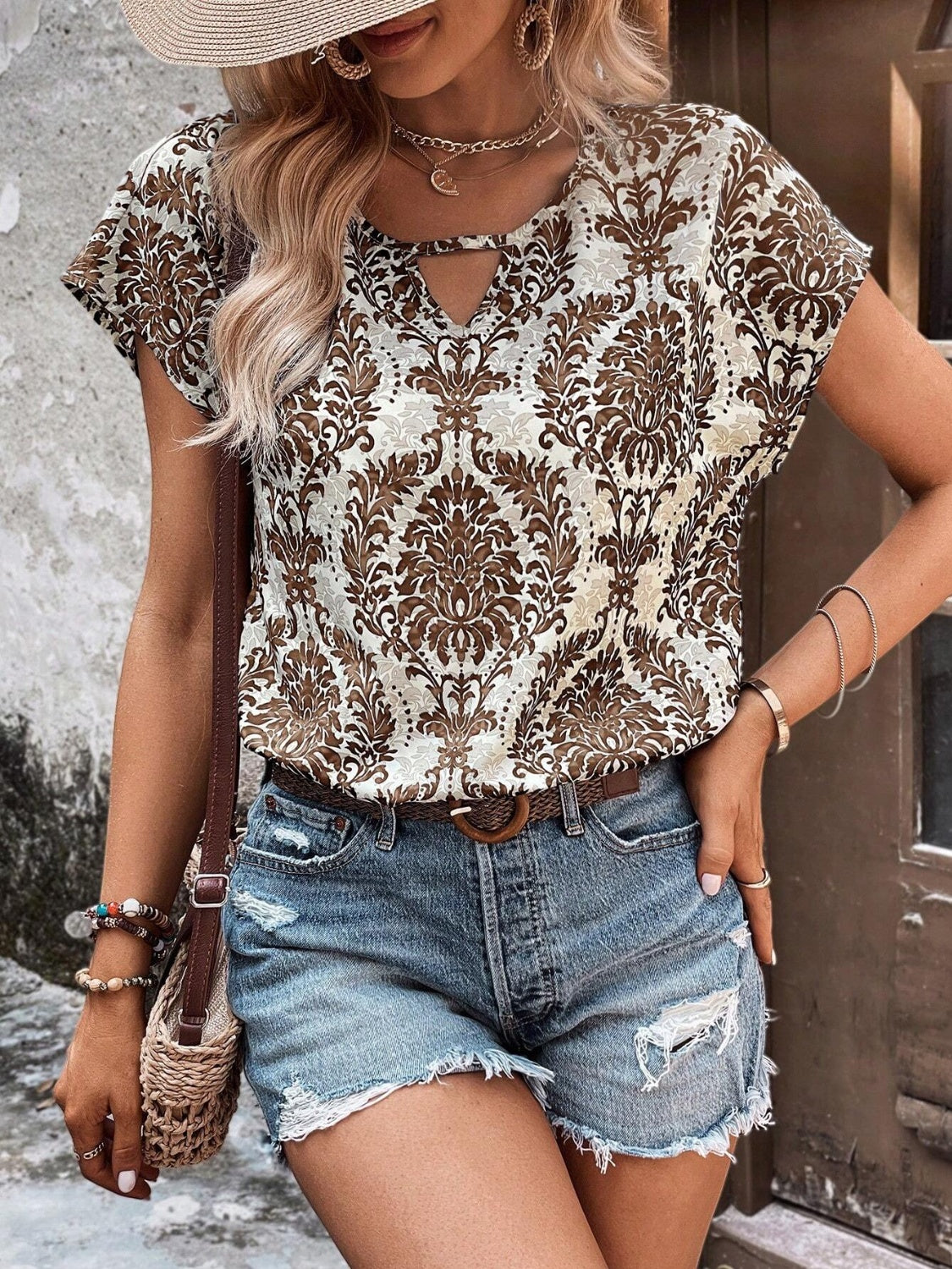 Paisley Short Sleeve Tie Neck Blouse