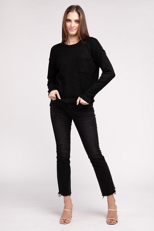 Melange Hi-Low Hem Round Neck Sweater - Sweater