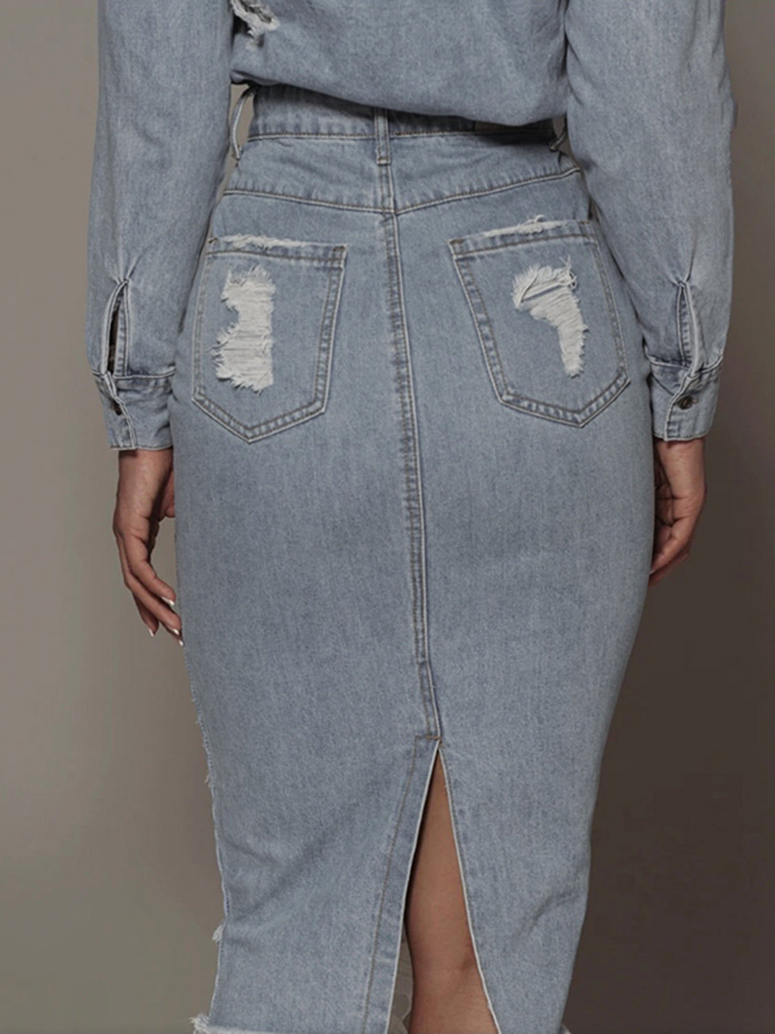 Distressed Slit Midi Denim Skirt