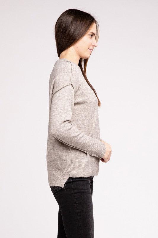 Melange Hi-Low Hem Round Neck Sweater - Sweater