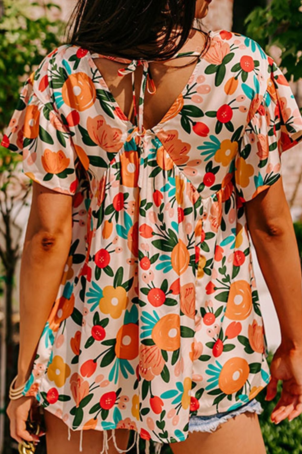 Multicolored Floral V-Neck Short Sleeve Blouse