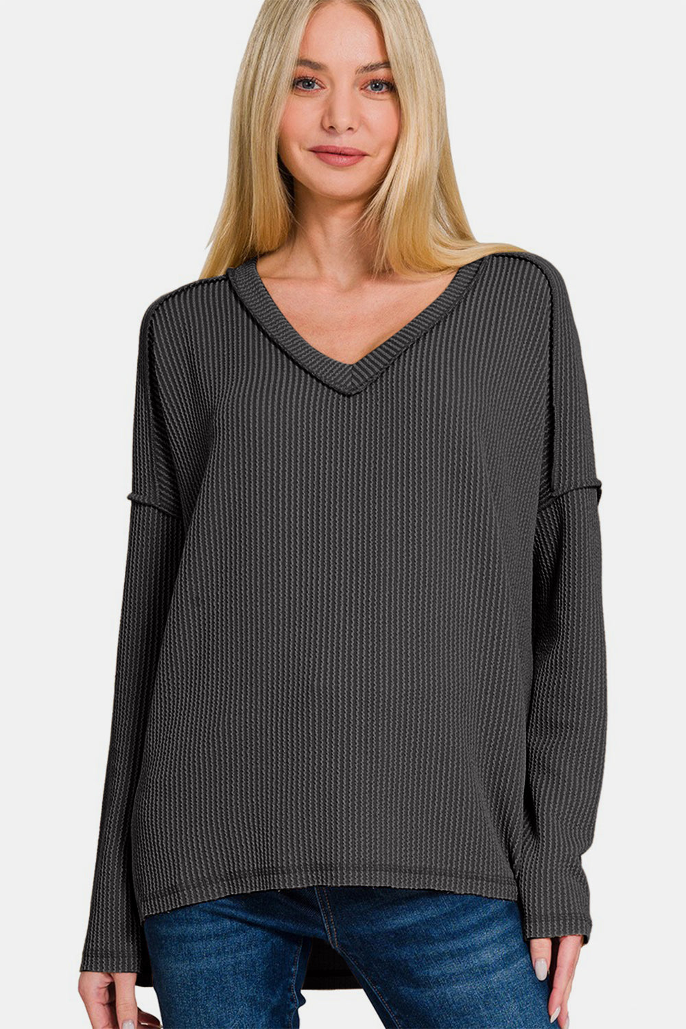 Zenana Texture Exposed Seam V-Neck Long Sleeve Top