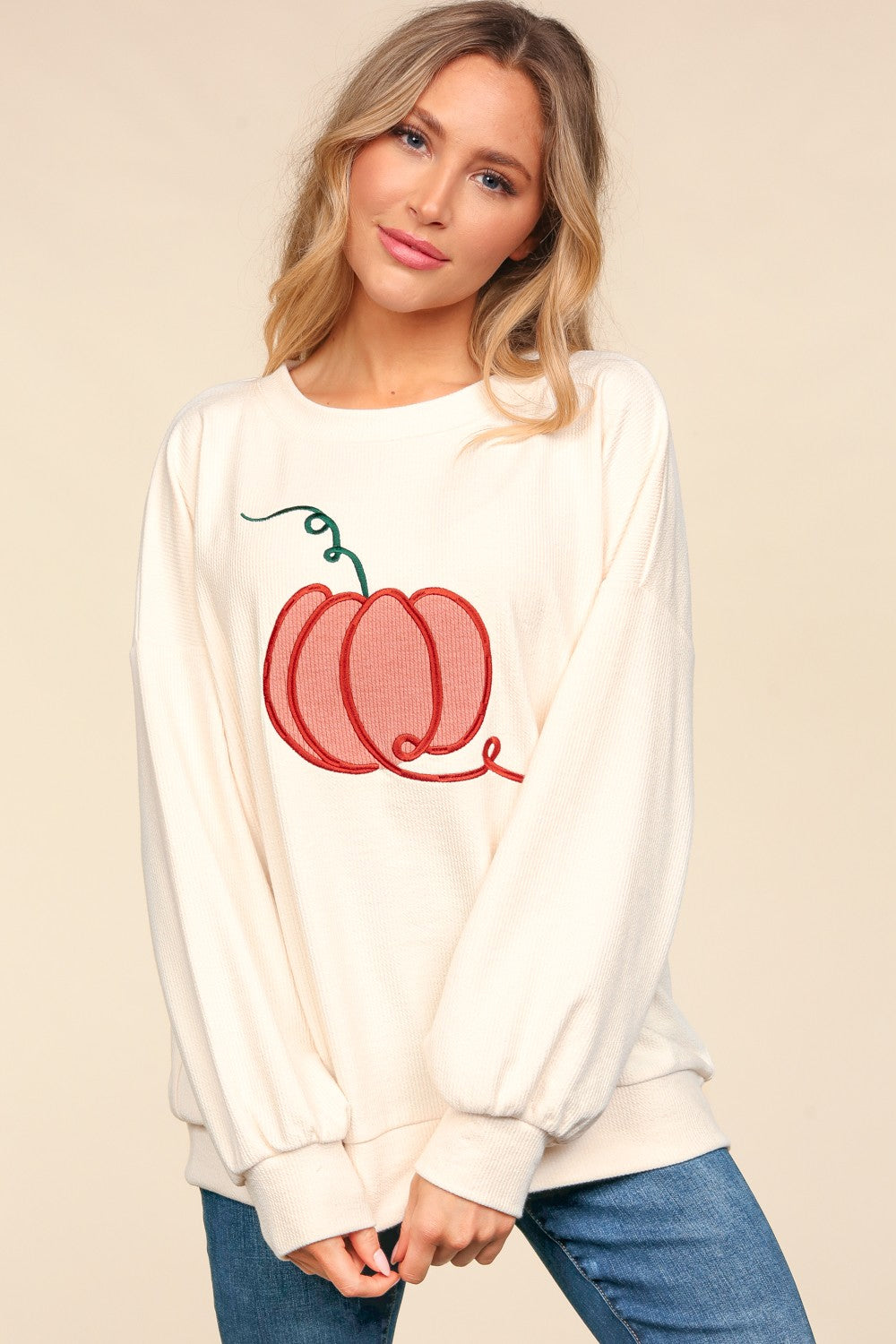 Haptics Full Size Embroidery Pumpkin Long Sleeve Sweatshirt