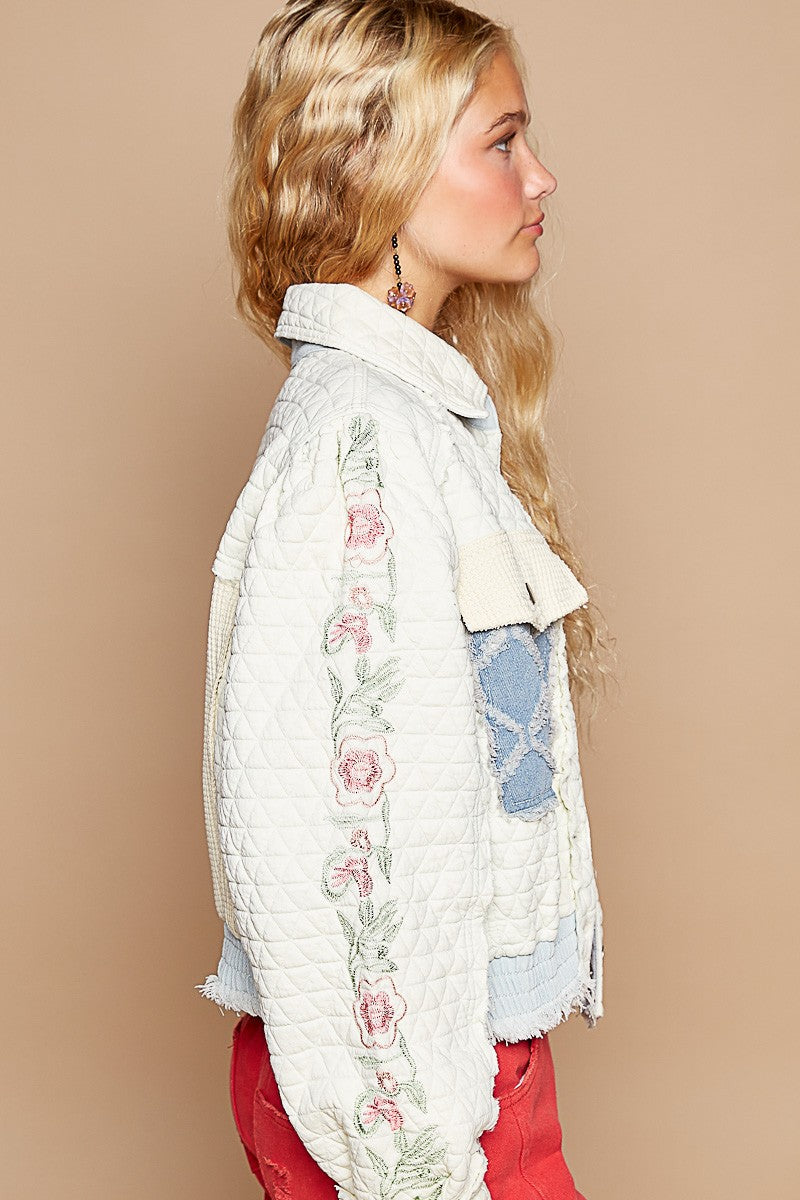 POL Embroidered Sleeve Raw Edge Quilted Jacket