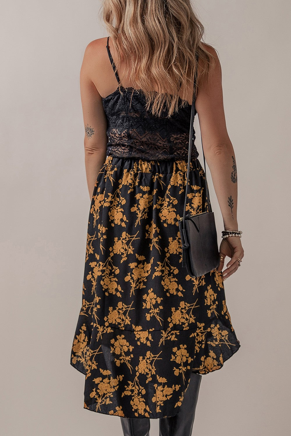 Floral Buttoned Ruffle Hem Midi Skirt