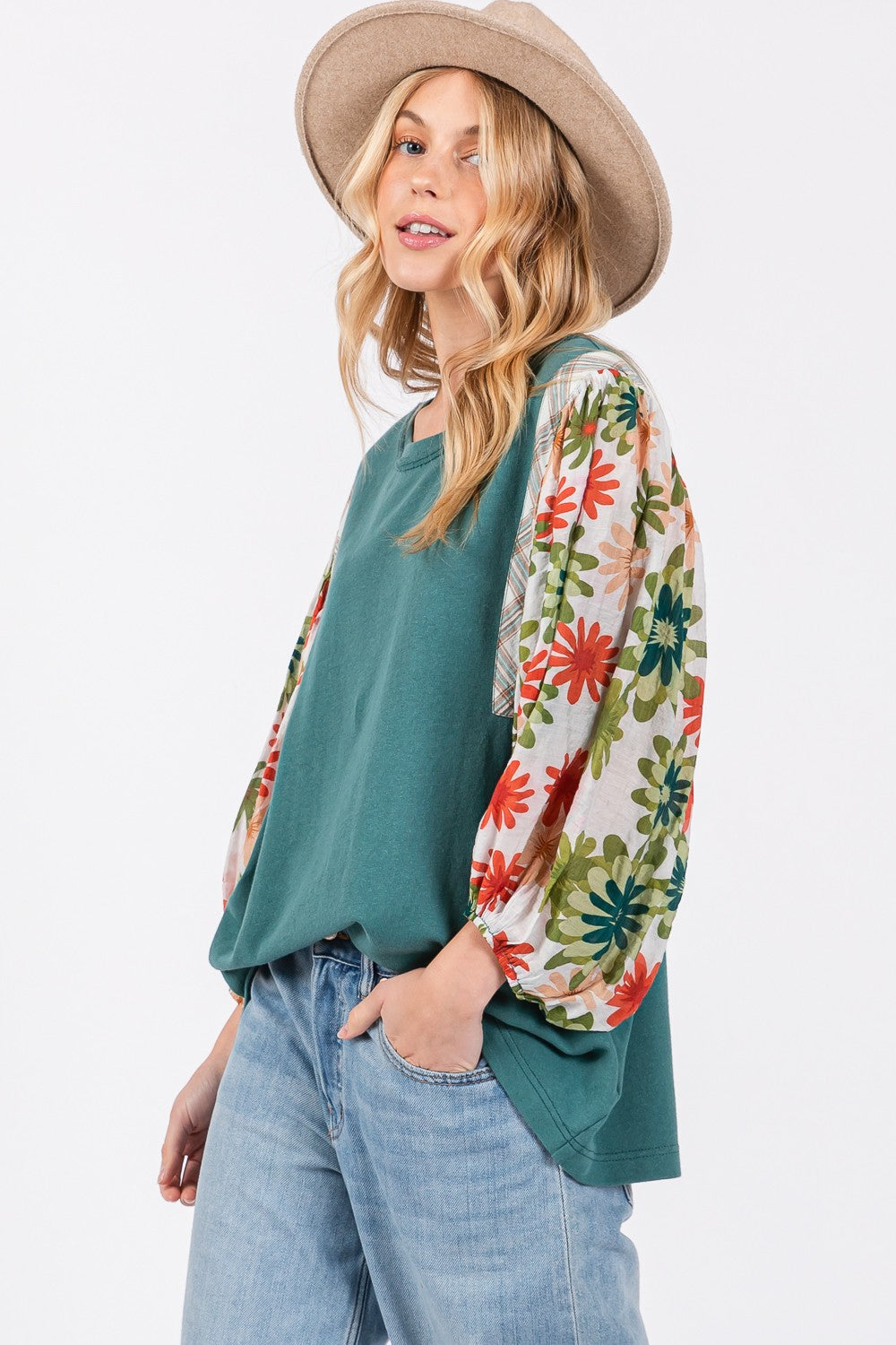 SAGE + FIG Full Size Floral Balloon Sleeve Contrast Top