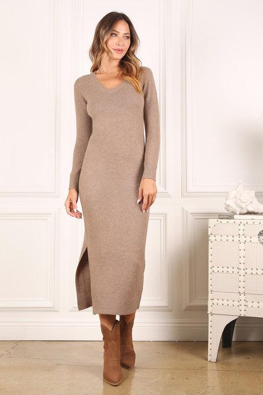 V-Neck Sweater Midi Dress - Dresses