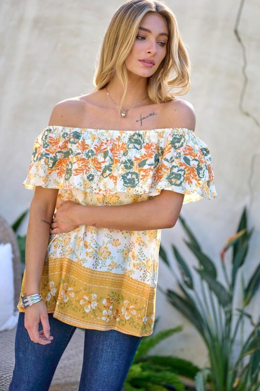 Printed Off Shoulder Smocked Top - Top