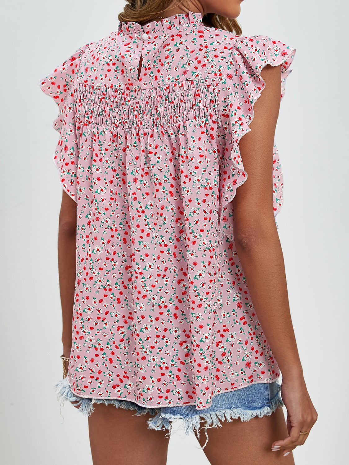 Ruffled Ditsy Floral Mock Neck Cap Sleeve Top