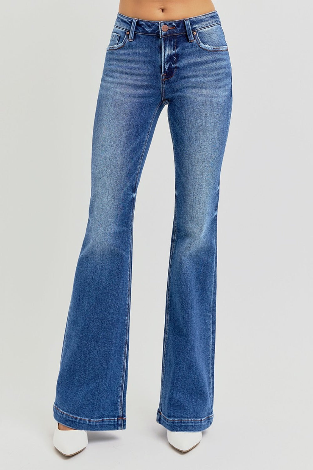 RISEN Full Size Mid Rise Flare Jeans with Pockets