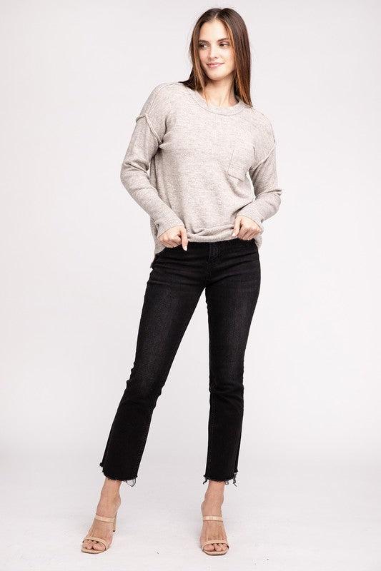 Melange Hi-Low Hem Round Neck Sweater - Sweater