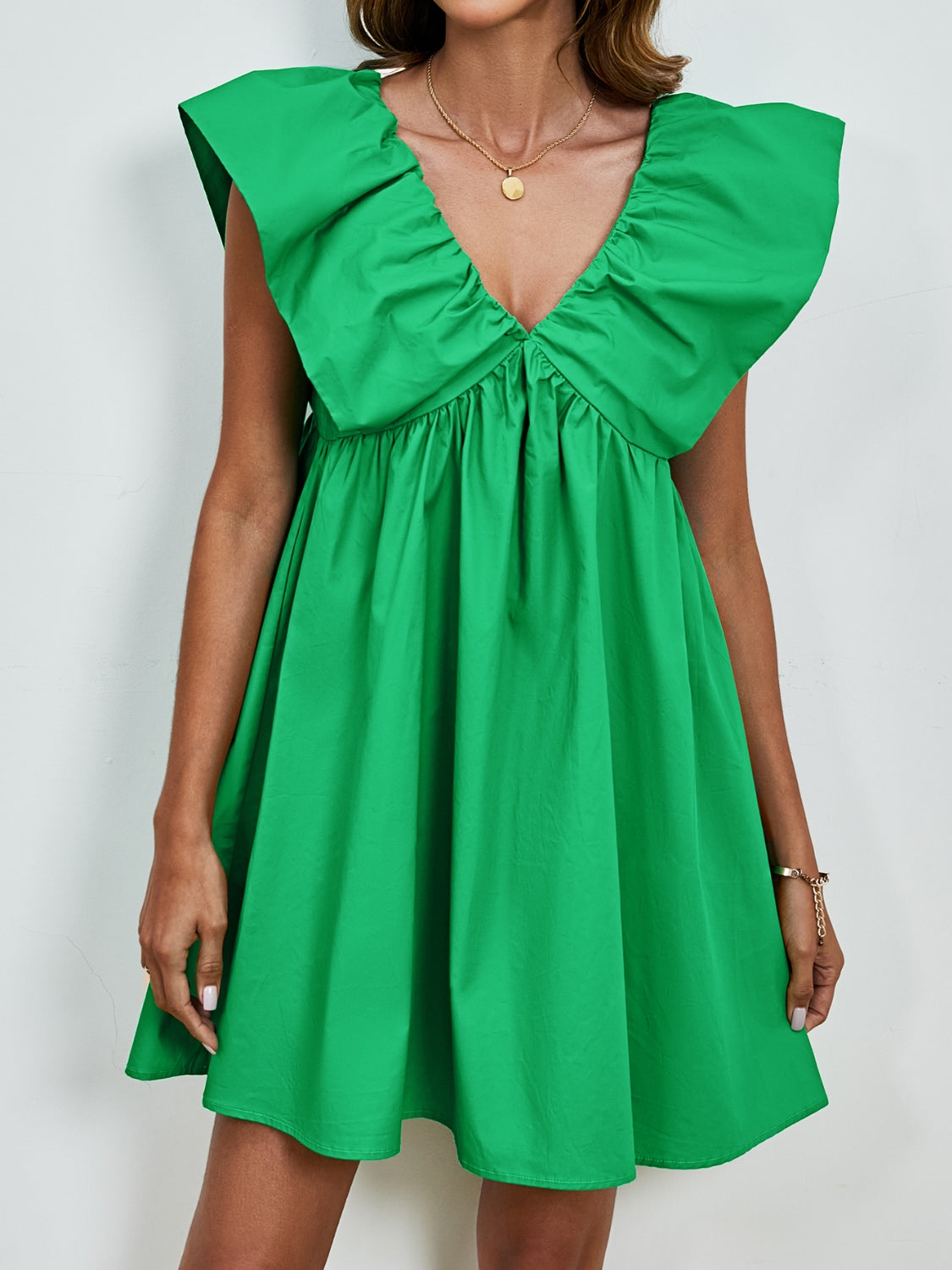 V-Neck Ruched Cap Sleeve Mini Dress