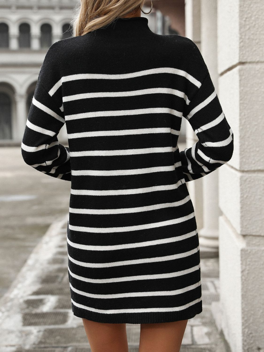 Striped Mock Neck Long Sleeve Mini Sweater Dress