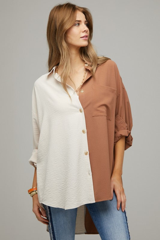 Davi & Dani Color Block Button Down Shirt