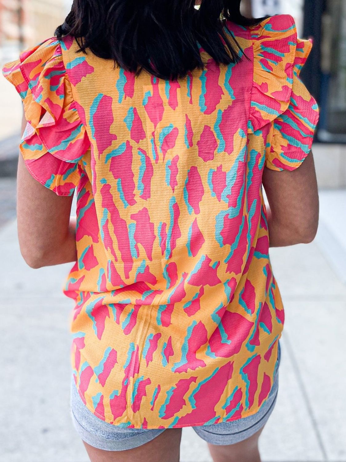 Multicolored Ruffled Leopard V-Neck Cap Sleeve Top