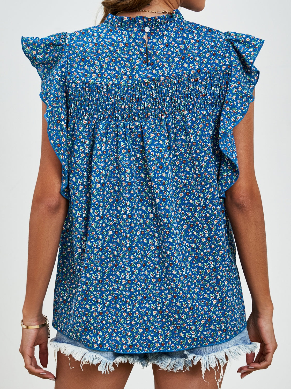 Ruffled Ditsy Floral Mock Neck Cap Sleeve Top