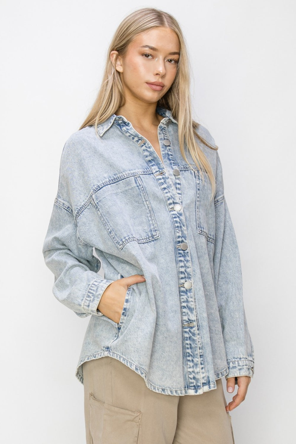 RISEN Button Up Long Sleeve Denim Shacket