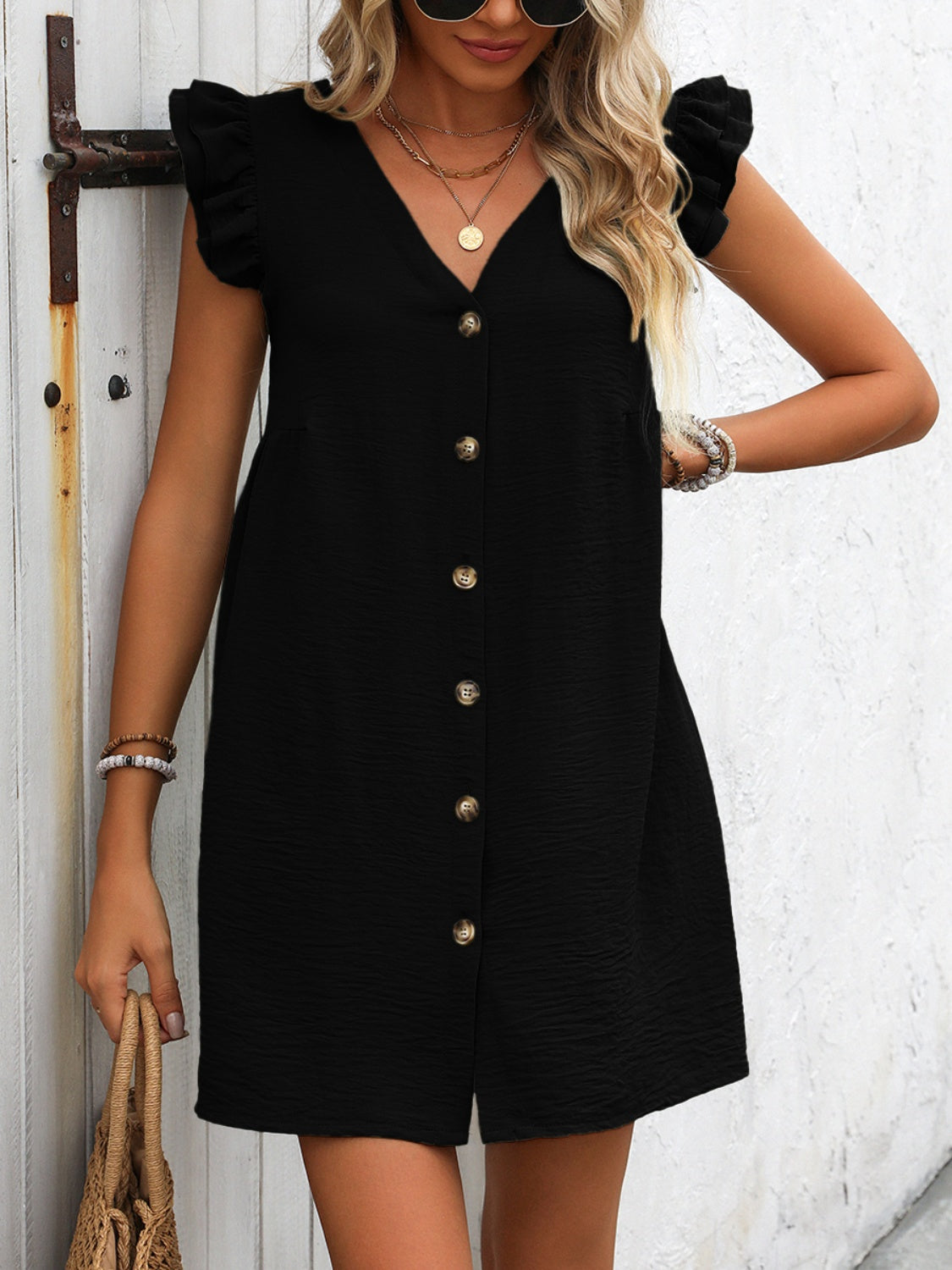 Button Up V-Neck Ruffled Cap Sleeve Mini Dress