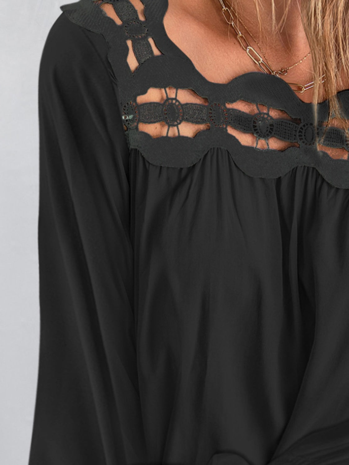 Cutout Square Neck Long Sleeve Lace Blouse