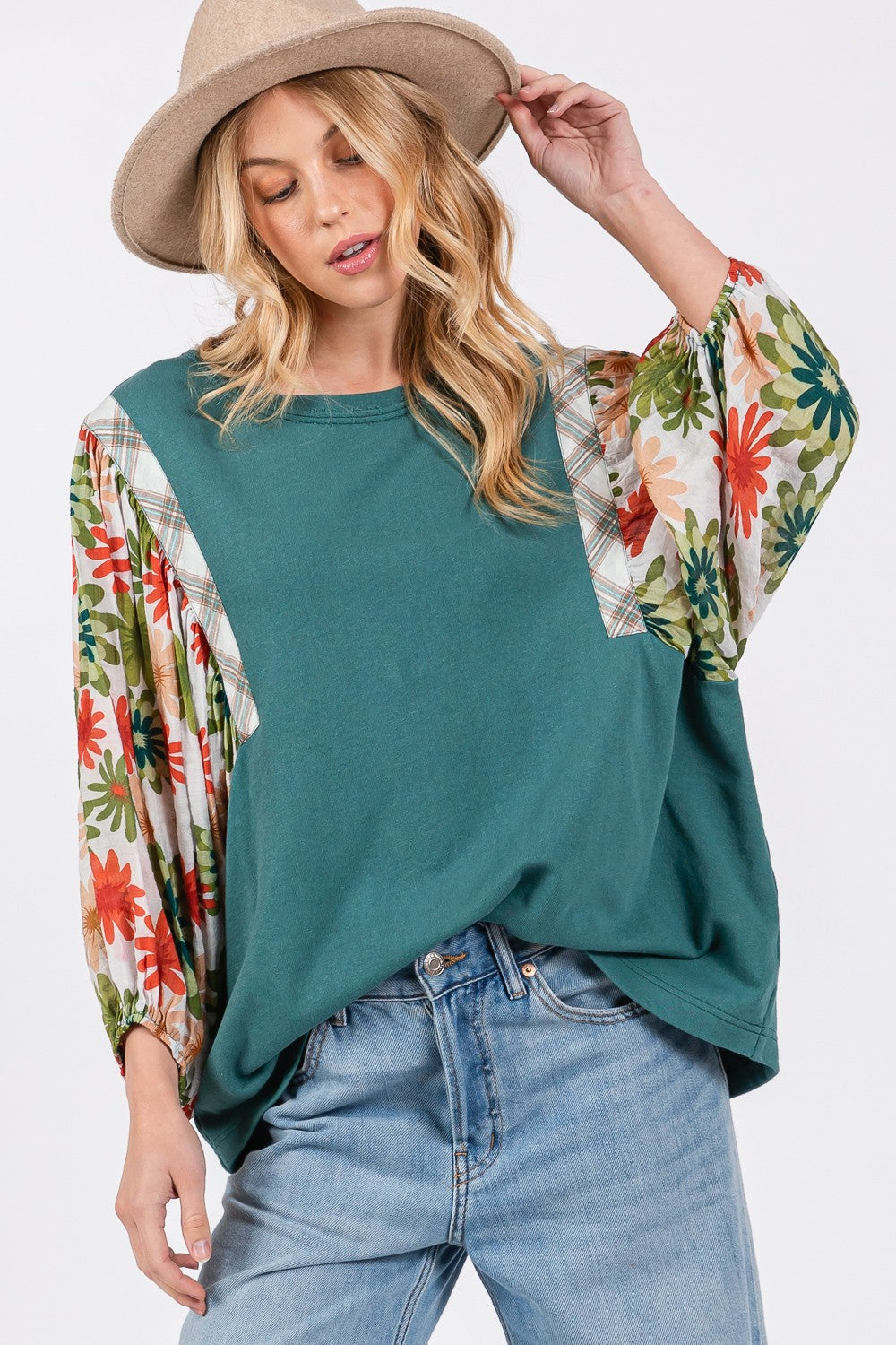 SAGE + FIG Full Size Floral Balloon Sleeve Contrast Top