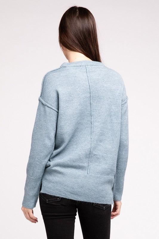 Melange Hi-Low Hem Round Neck Sweater - Sweater