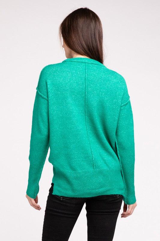 Melange Hi-Low Hem Round Neck Sweater - Sweater