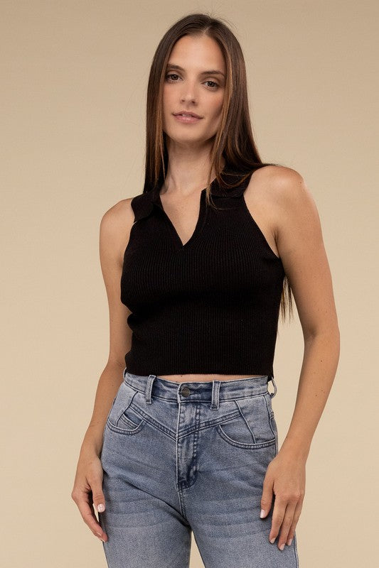 HYFVE Sleeveless Collared Crop Knit Top