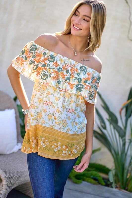 Printed Off Shoulder Smocked Top - Top