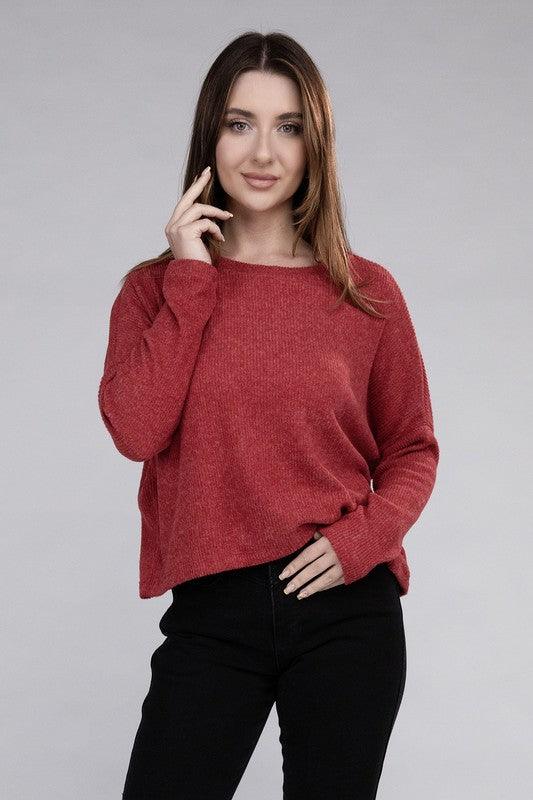 Zenana Ribbed Dolman Long Sleeve Sweater - Sweater