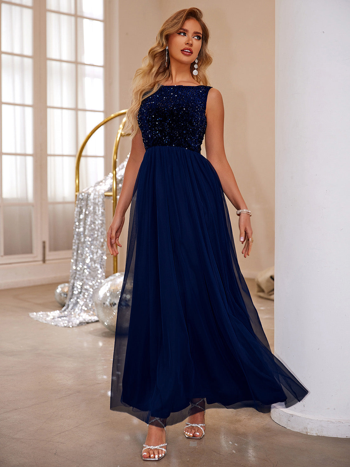 Sequin Round Neck Sleeveless Maxi Dress