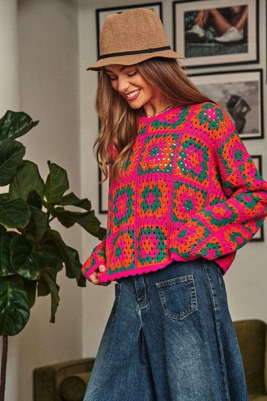 Crochet Patchwork Round Neck Pullover Sweater - Sweater