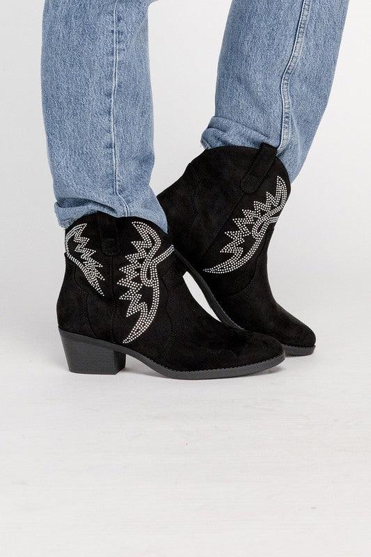 RONAN Rhinestone Western Booties - Boots