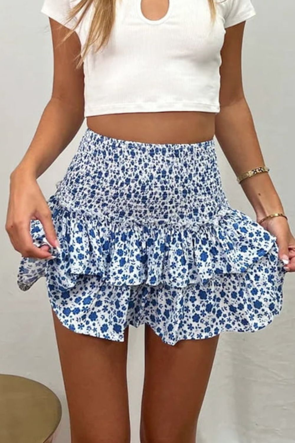 Floral Frill Trim Smocked Mini Skirt