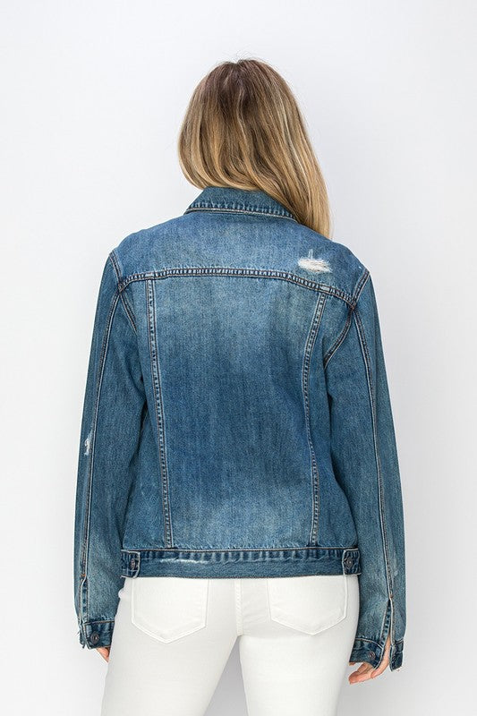 RISEN Full Size Distressed Button Up Denim Jacket