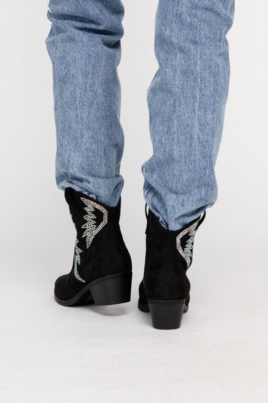 RONAN Rhinestone Western Booties - Boots