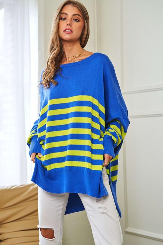 Striped Elbow Patch Oversized Sweater Top - Sweater