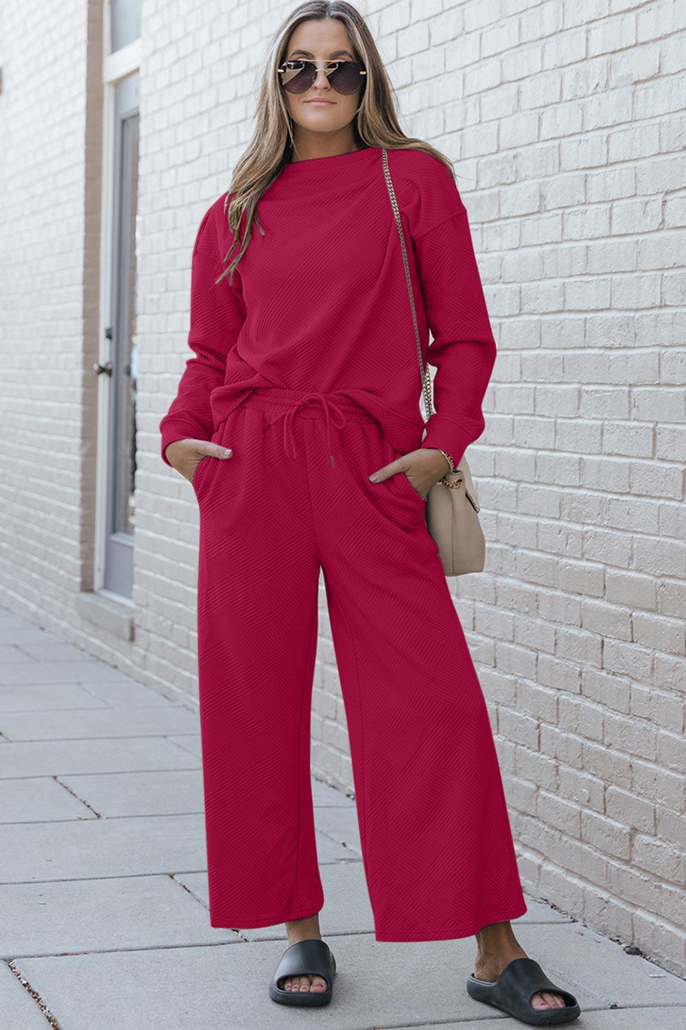 Double Take Textured Top and Wide Legs Pants Set - Pant & Top