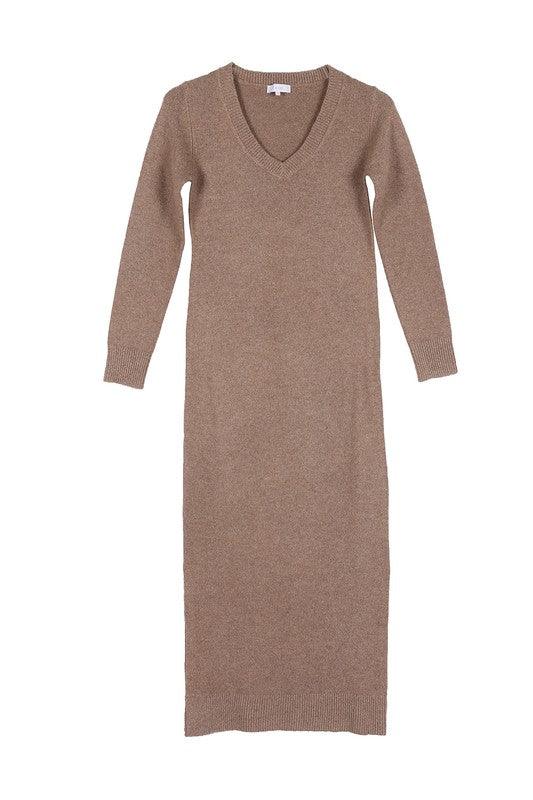 V-Neck Sweater Midi Dress - Dresses