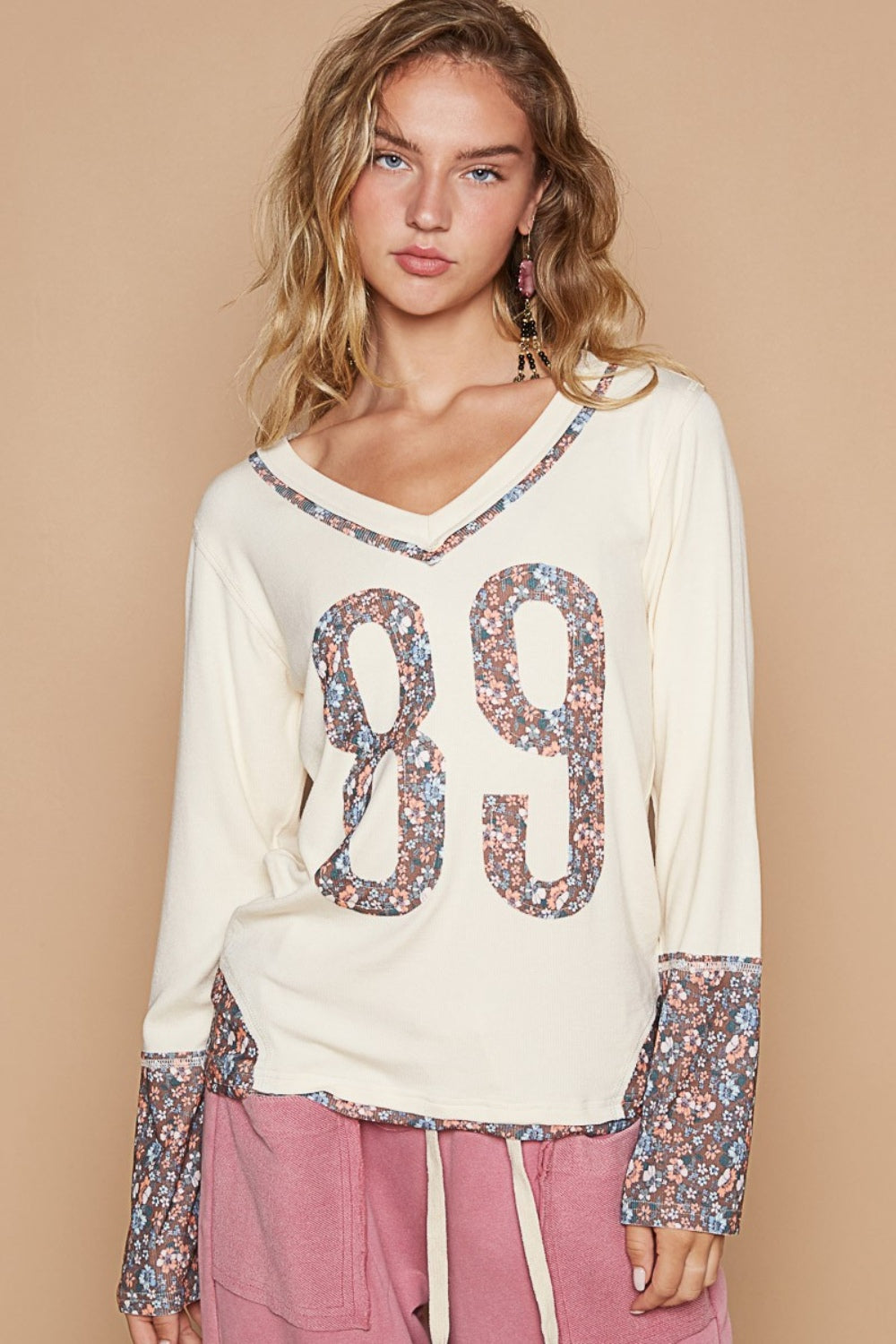 POL V-Neck Long Sleeve Floral 89 Number Patch T-Shirt