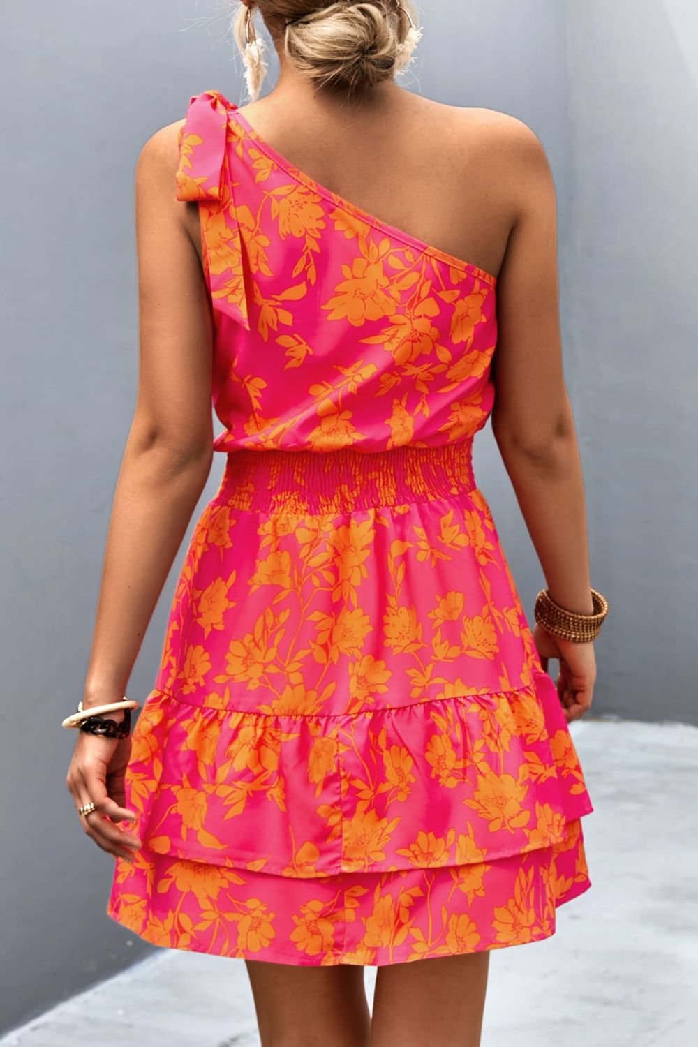 Tied Smocked Printed One Shoulder Mini Dress