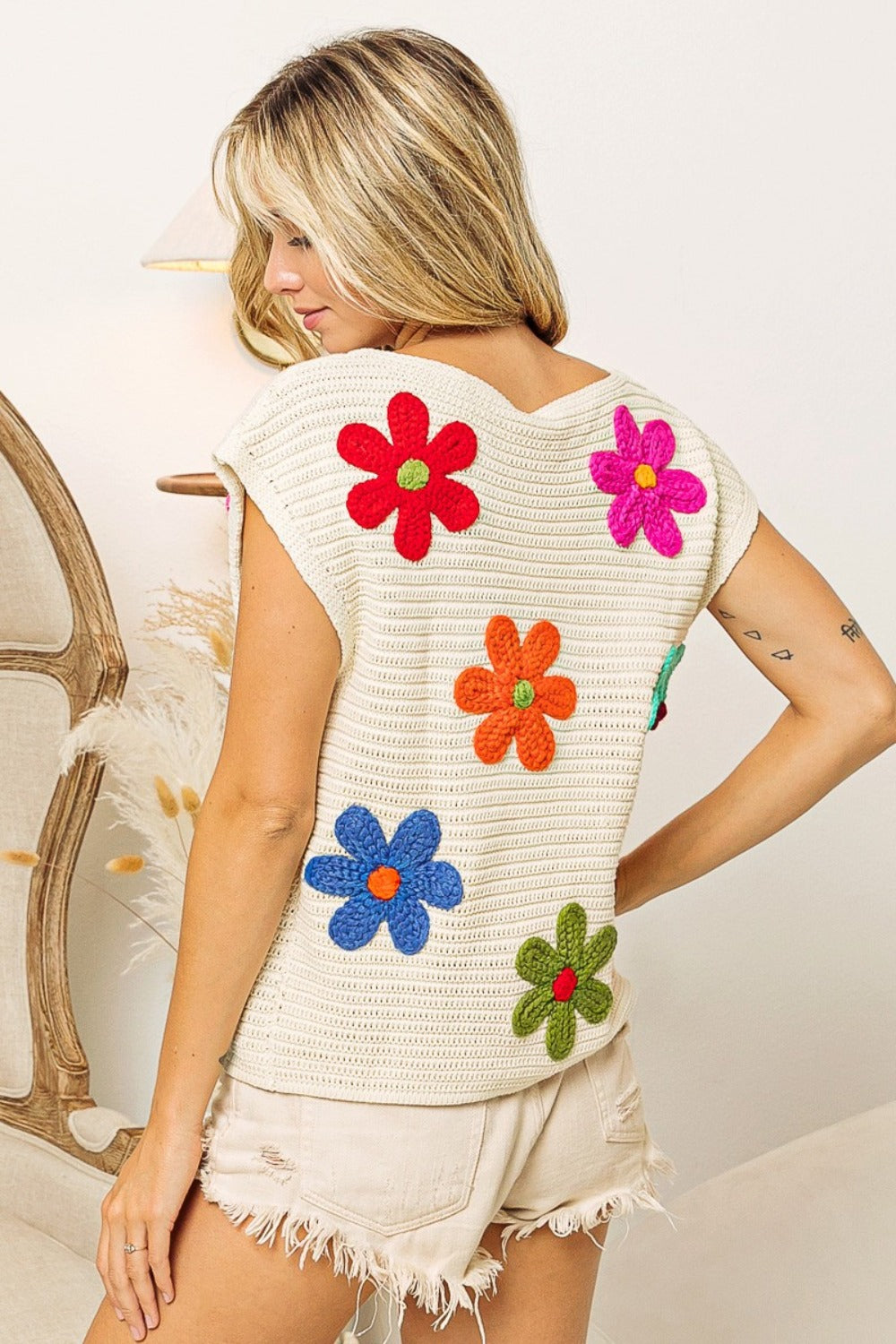 BiBi Flower Round Neck Cap Sleeve Knit Sweater Vest